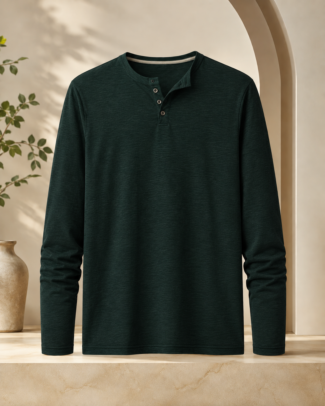 Dark Forest Green Textured Henley Full Sleeve T-Shirt