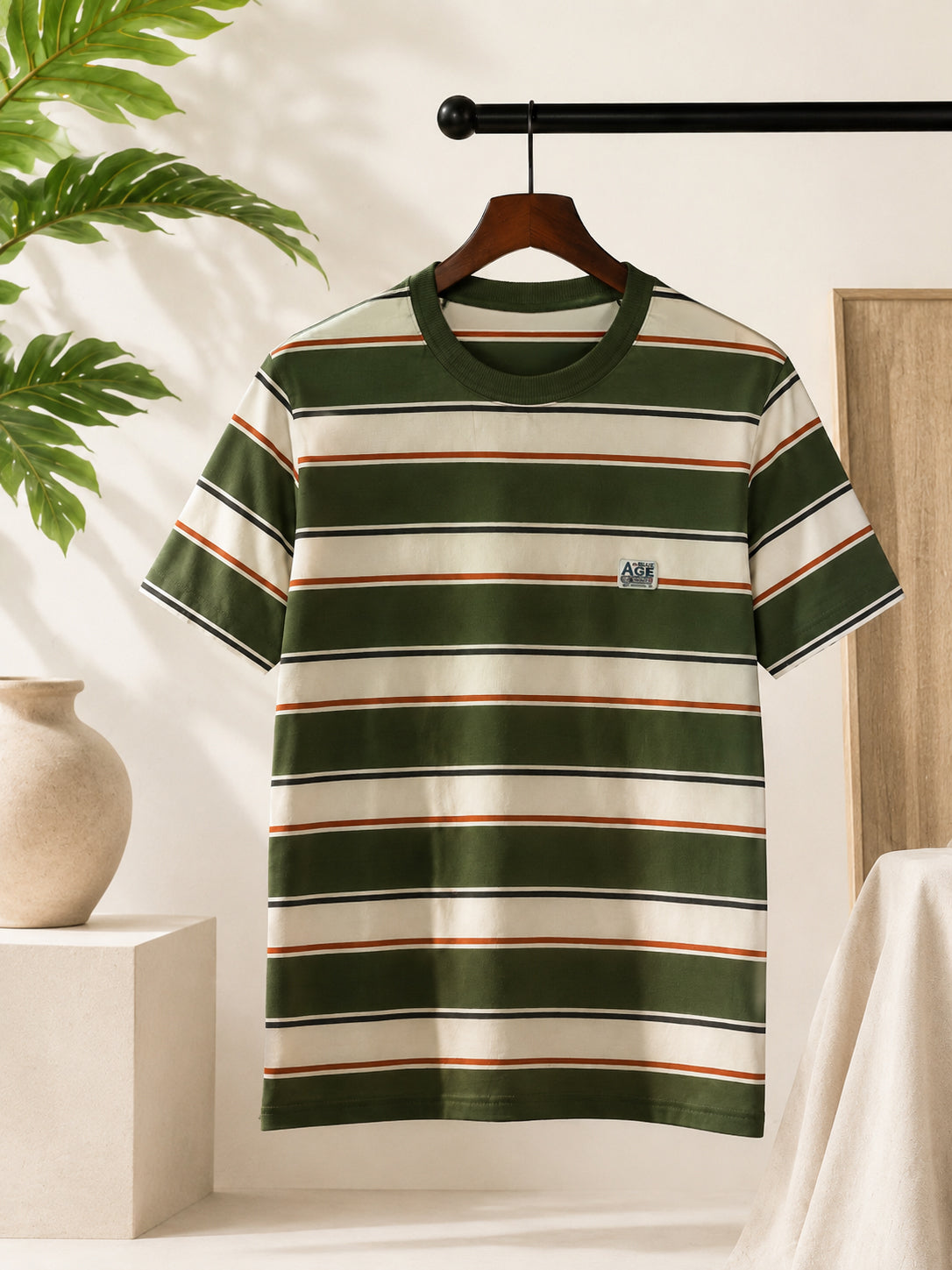 Olive Green Striped Crew Neck T-Shirt
